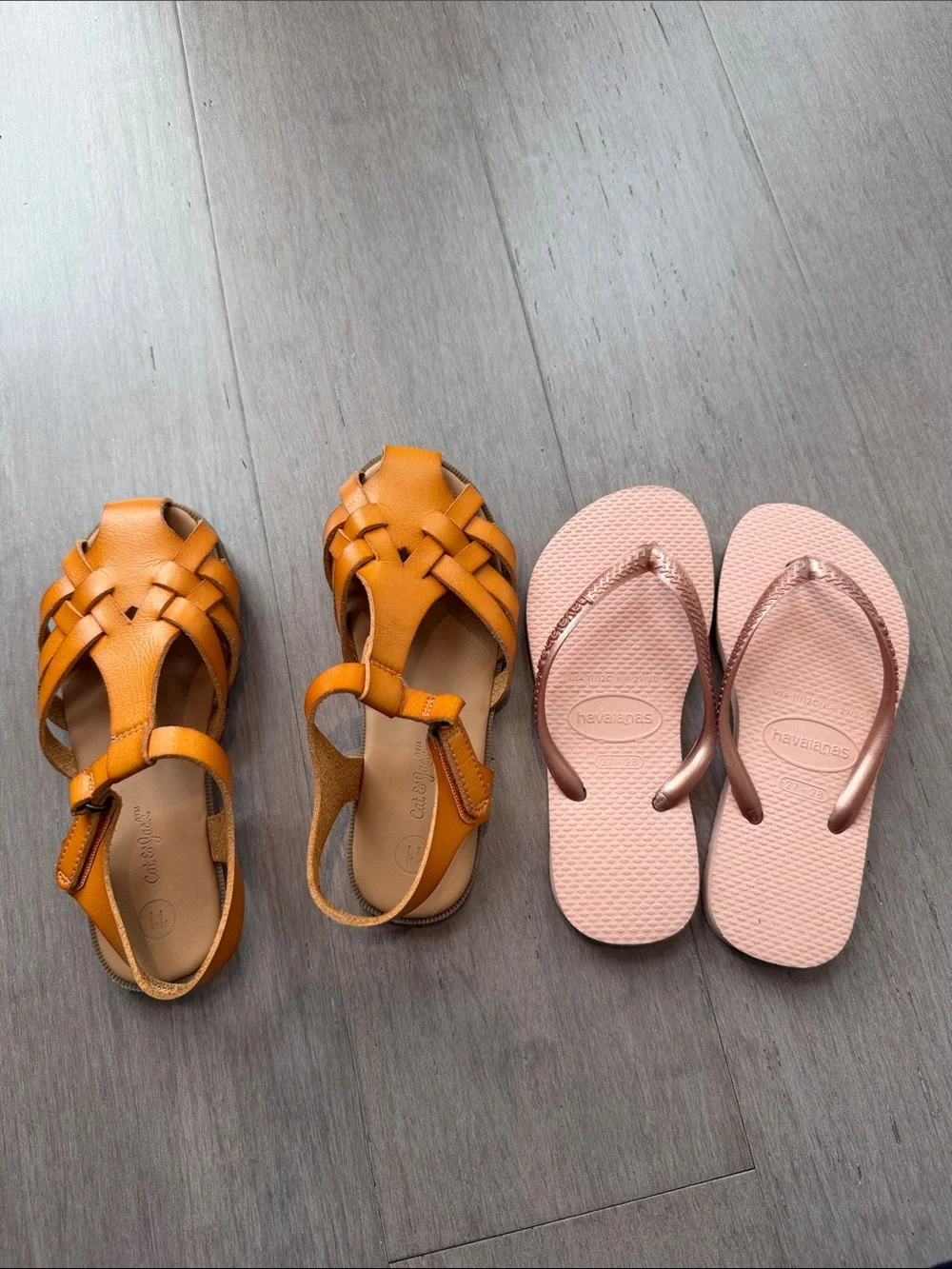 Havaianas Pale Pink Flip Flops with Tan Woven Cat&Jack Leather Sandals- size 11c